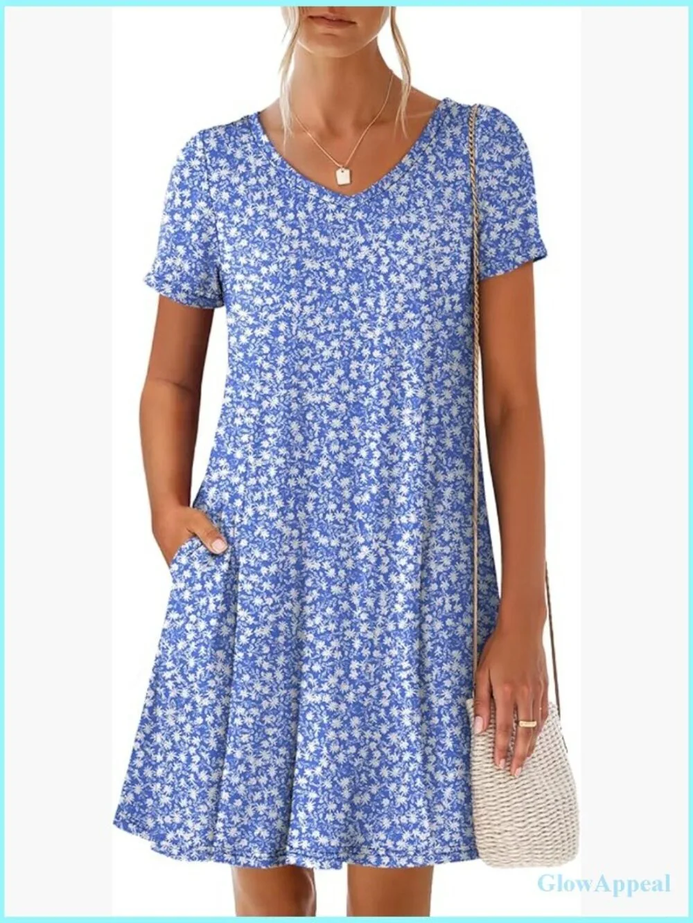 Women's V Neck Short Sleeve Flowy Mini Dress with Pockets